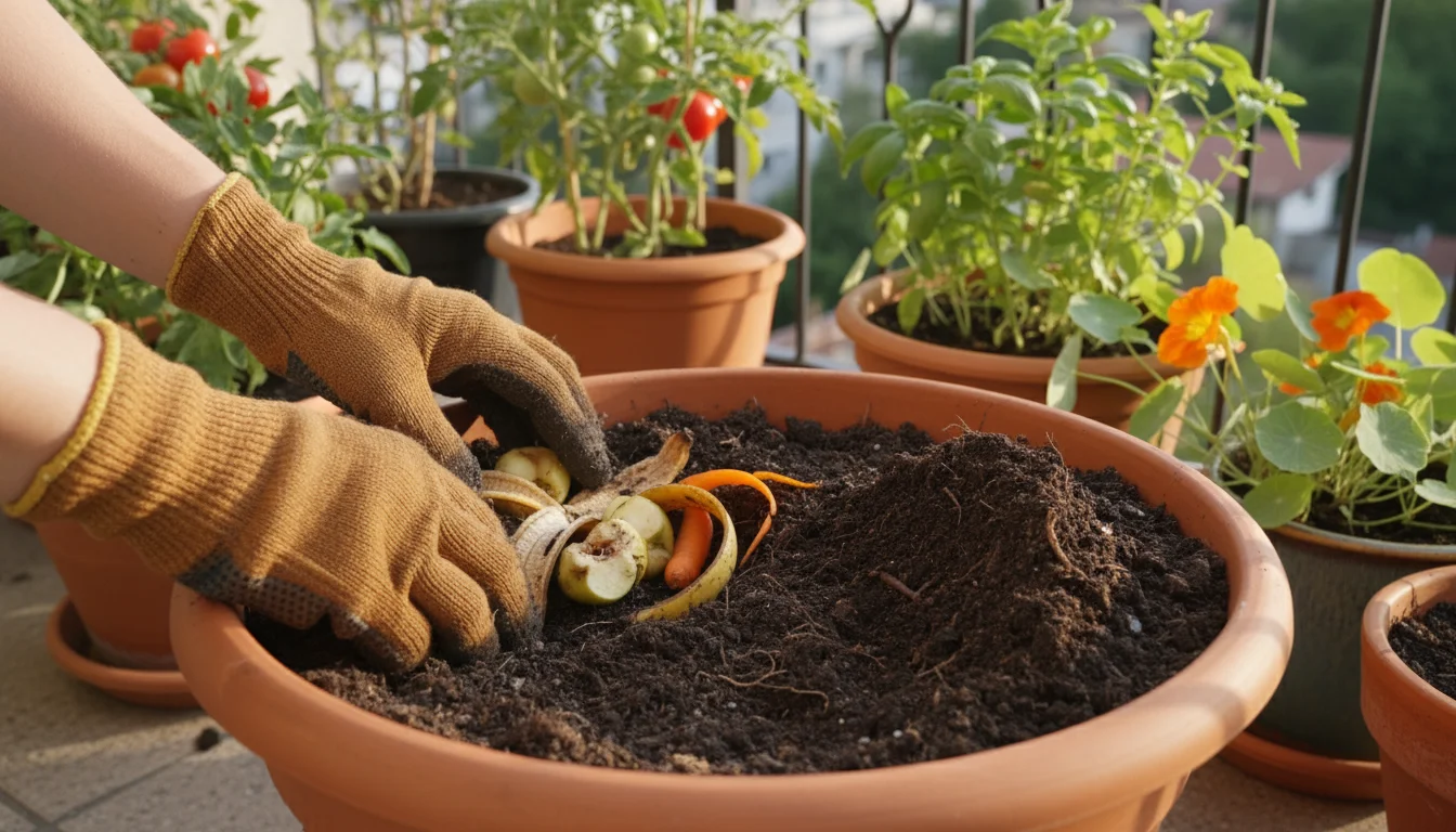 Hands burying banana peels, apple cores, and vegetable scraps in soil inside a large terracotta pot on a sunny patio.