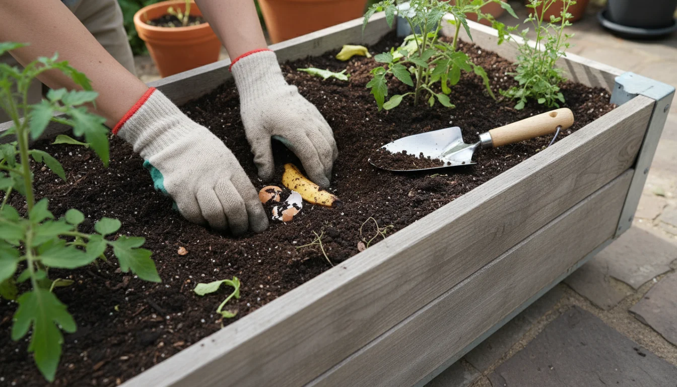 Hands burying kitchen scraps (coffee grounds, banana peel, eggshells) into a large patio container garden with a trowel, on a wooden deck.