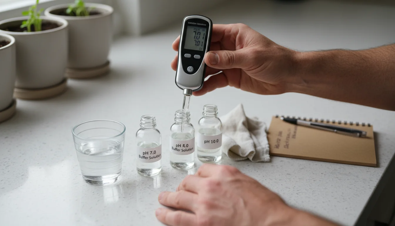 Hands calibrate a digital pH meter, immersing its probe into a pH 7.0 buffer solution bottle on a counter with other solutions and distilled water.