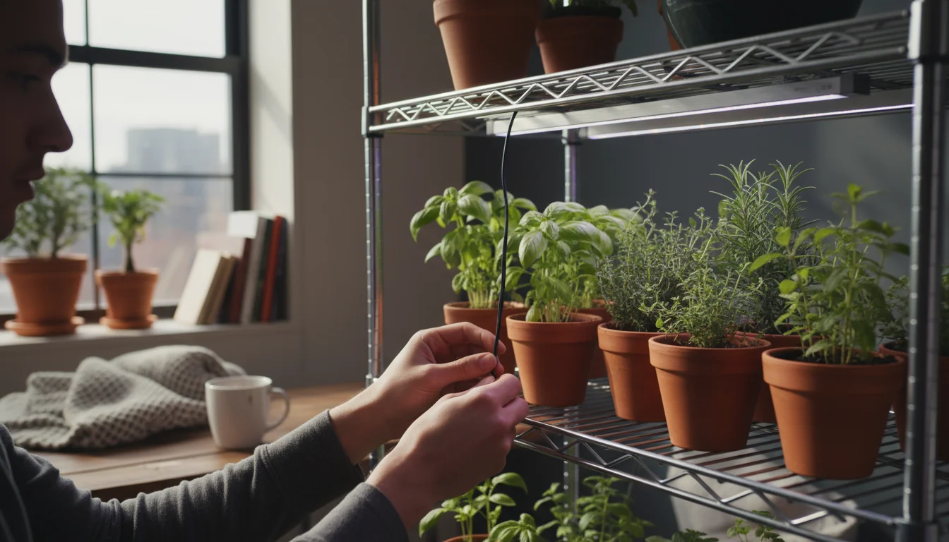 Hands check a compact LED grow light's power cord over small potted herbs on a metal shelf in an apartment.