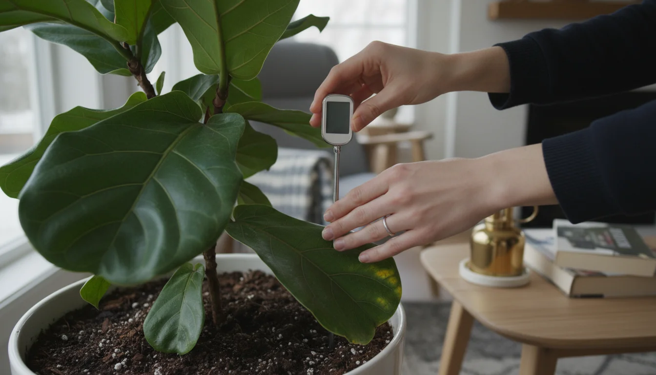 Hands check a potted Ficus lyrata's soil with a moisture meter. Pruning snips and a plant mister rest on a wooden table.