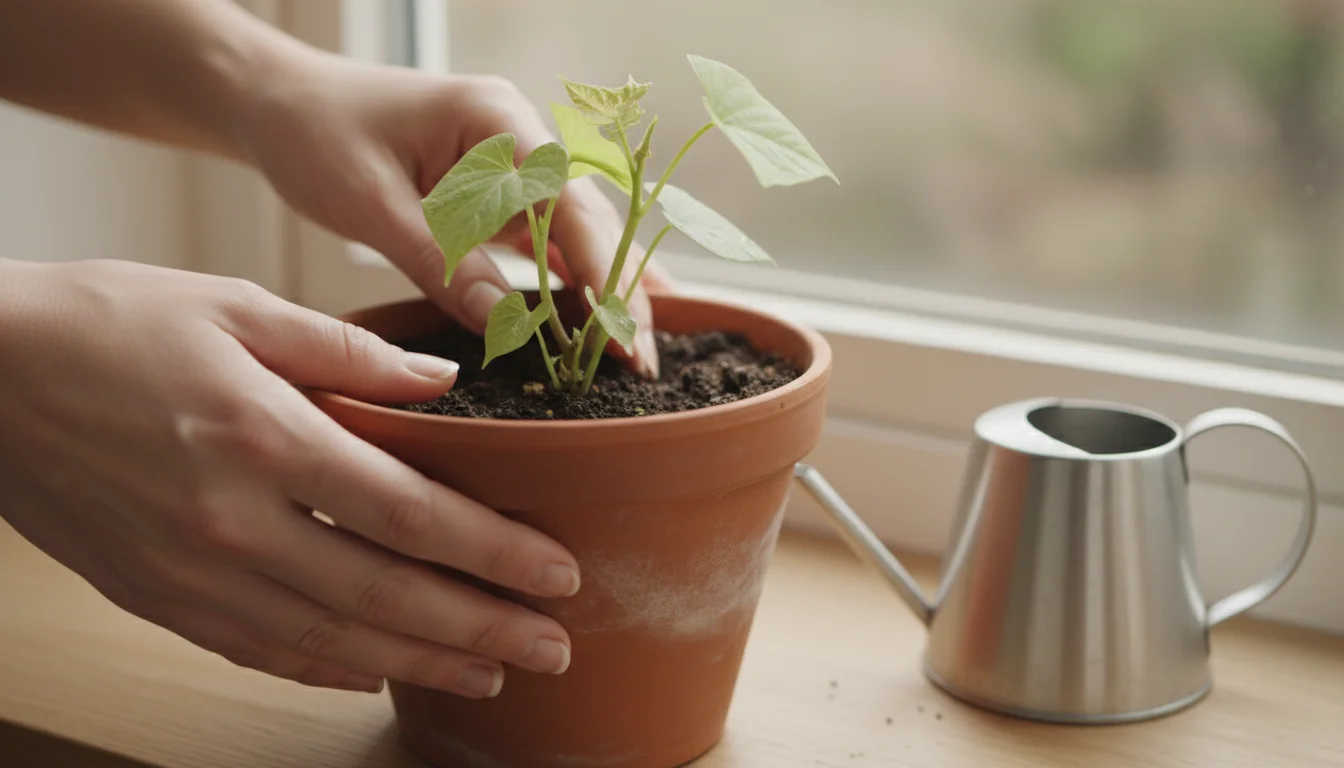 Hands gently check soil moisture of a sweet potato vine in a terracotta pot on a windowsill, with a small watering can nearby.