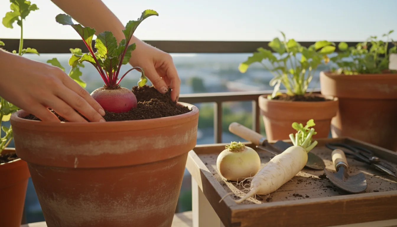 Hands checking a beet root in a pot, with a freshly harvested turnip and daikon radish displayed on a tray on a sunny balcony.