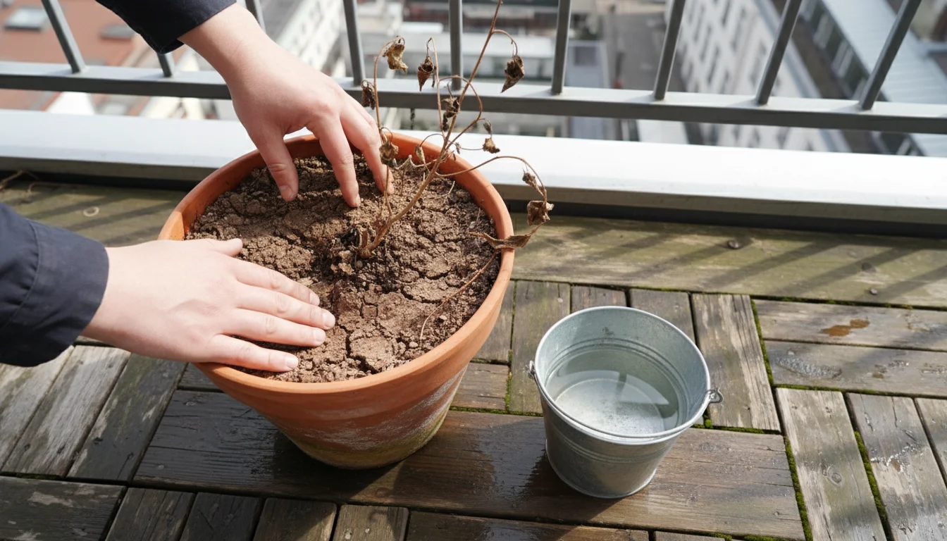 Overhead view of hands checking dry soil in a terracotta pot, with a rainwater collection bucket on a wooden balcony.