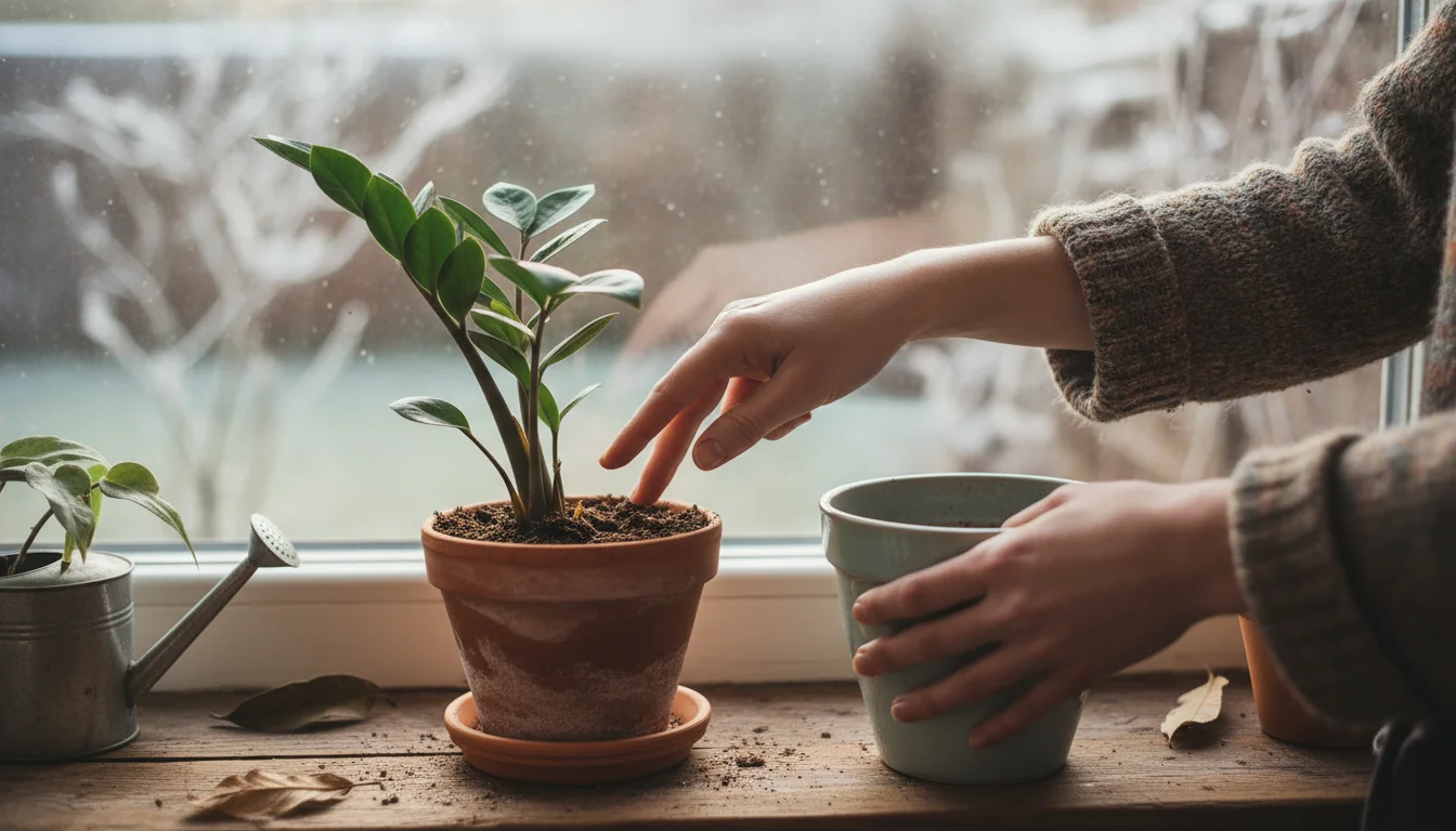 Hands checking houseplant soil with a finger, while another hand lifts a different pot to check its weight on a wooden shelf.