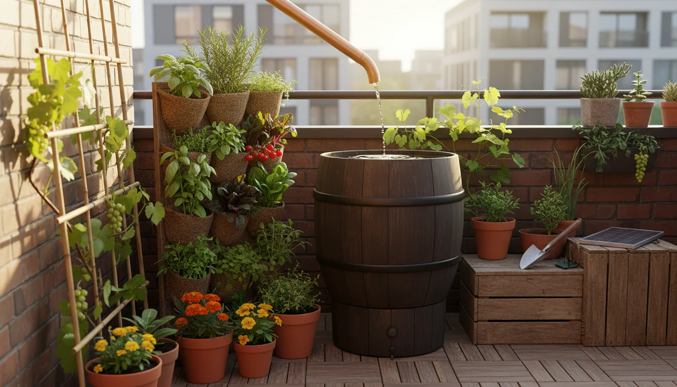 Hands checking a self-watering container next to a compact rain barrel and diverse repurposed planters on a sunny balcony.