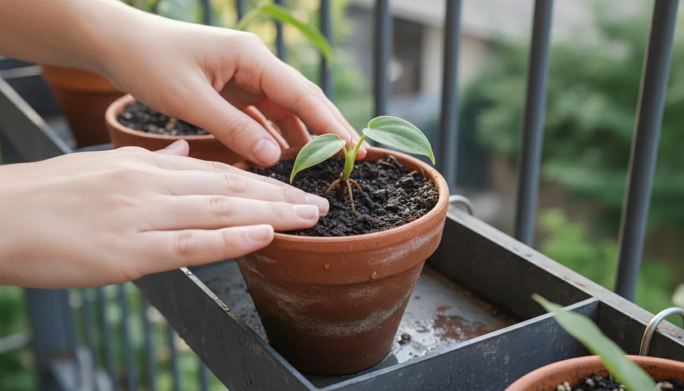 Close-up of hands gently checking soil around a newly potted philodendron cutting in a small terracotta pot on a balcony shelf.