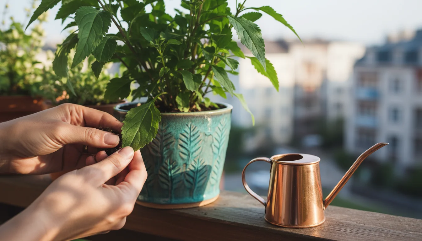Close-up of hands gently checking soil and leaves of a vibrant native plant in a ceramic pot on a sunny balcony, with a copper watering can nearby.