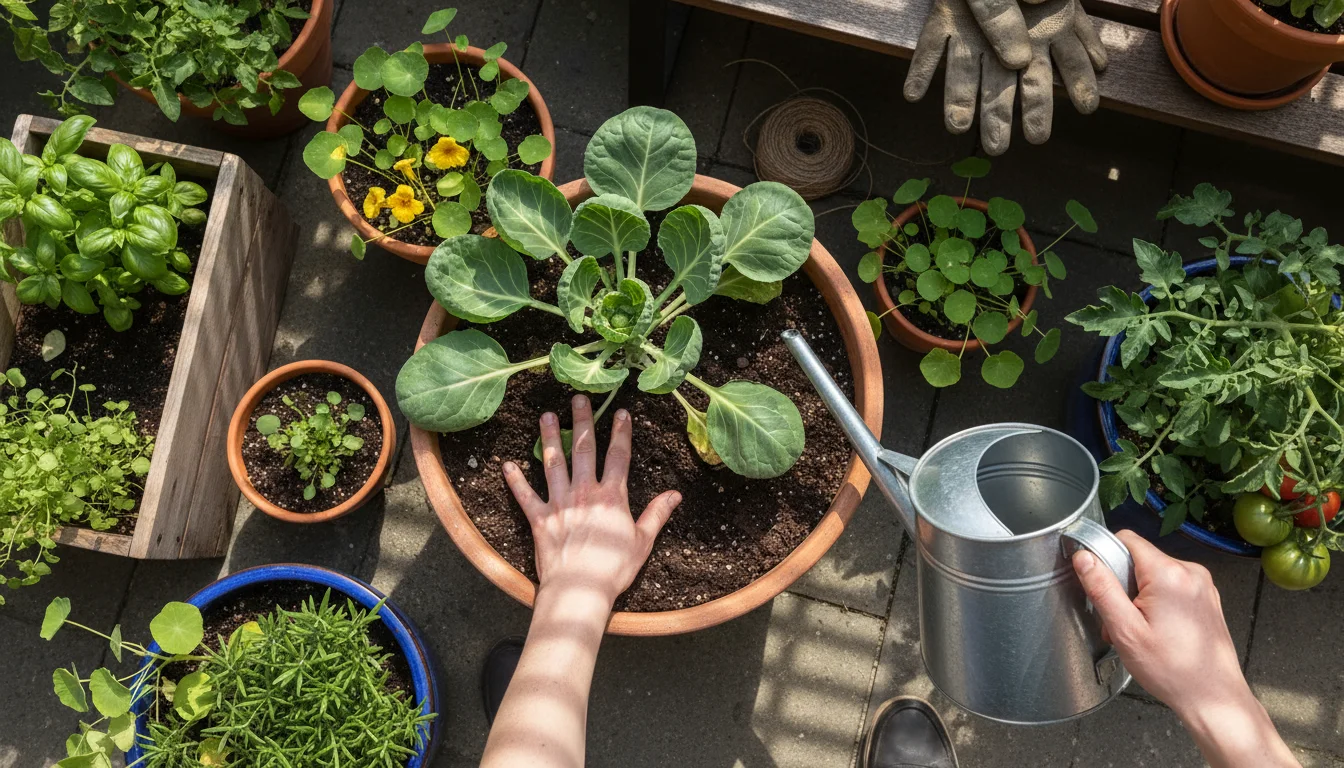 Overhead view of hands checking soil moisture at the base of a Brussels sprout plant in a terracotta pot with a watering can ready.
