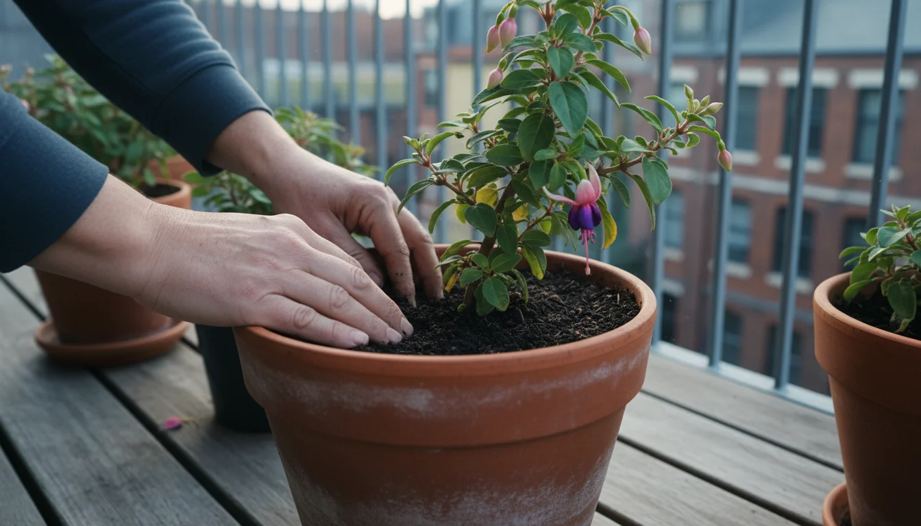 Close-up of hands checking soil moisture in a terracotta pot with a fuchsia plant on a small urban balcony, leaves starting to yellow.