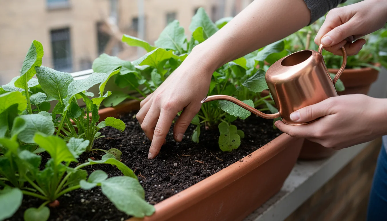 Hands checking soil moisture in a terracotta window box with young radish plants; a copper watering can is nearby.