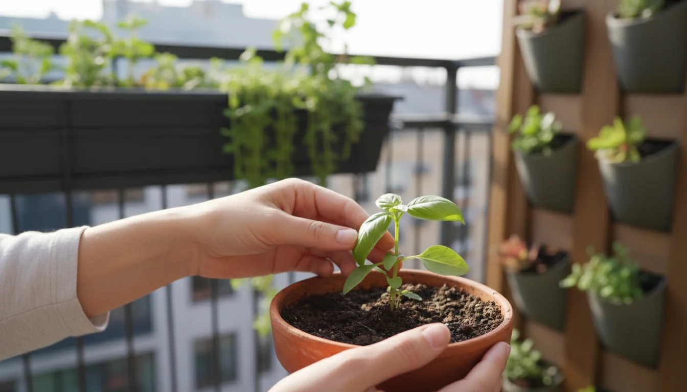 Hands gently checking soil in a terracotta pot and inspecting a slightly yellowing herb leaf on a sunny urban balcony.