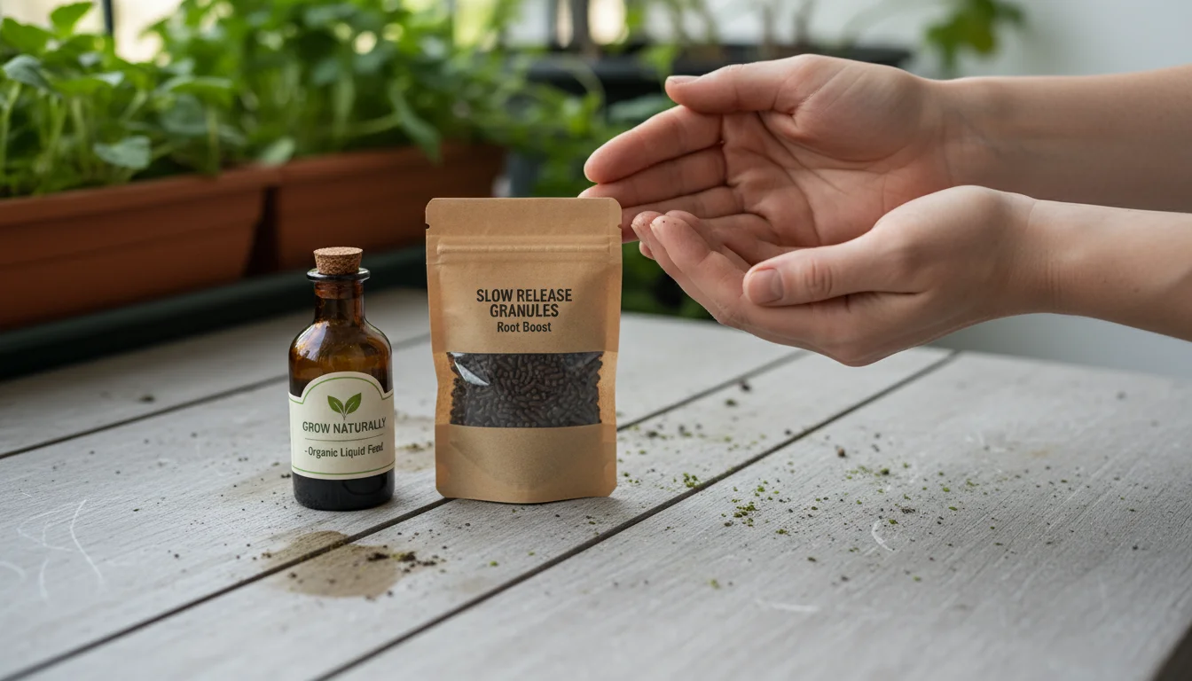 Hands choosing between a liquid organic fertilizer bottle and a granular synthetic fertilizer pouch on a balcony table with a small tomato plant.