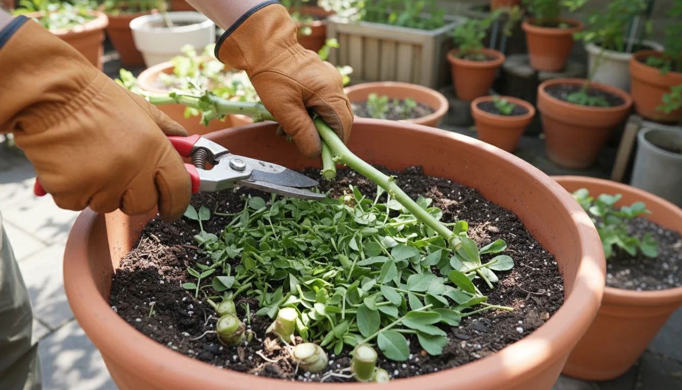 Hands chop fava bean stalks over dark soil in a terracotta pot, leaving chopped green material as mulch on top.