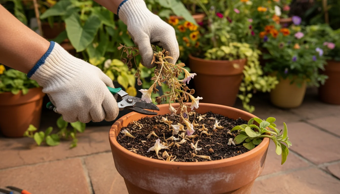 Hands chopping dried annuals with pruners, dropping pieces onto soil in a terracotta pot on a sunny patio.
