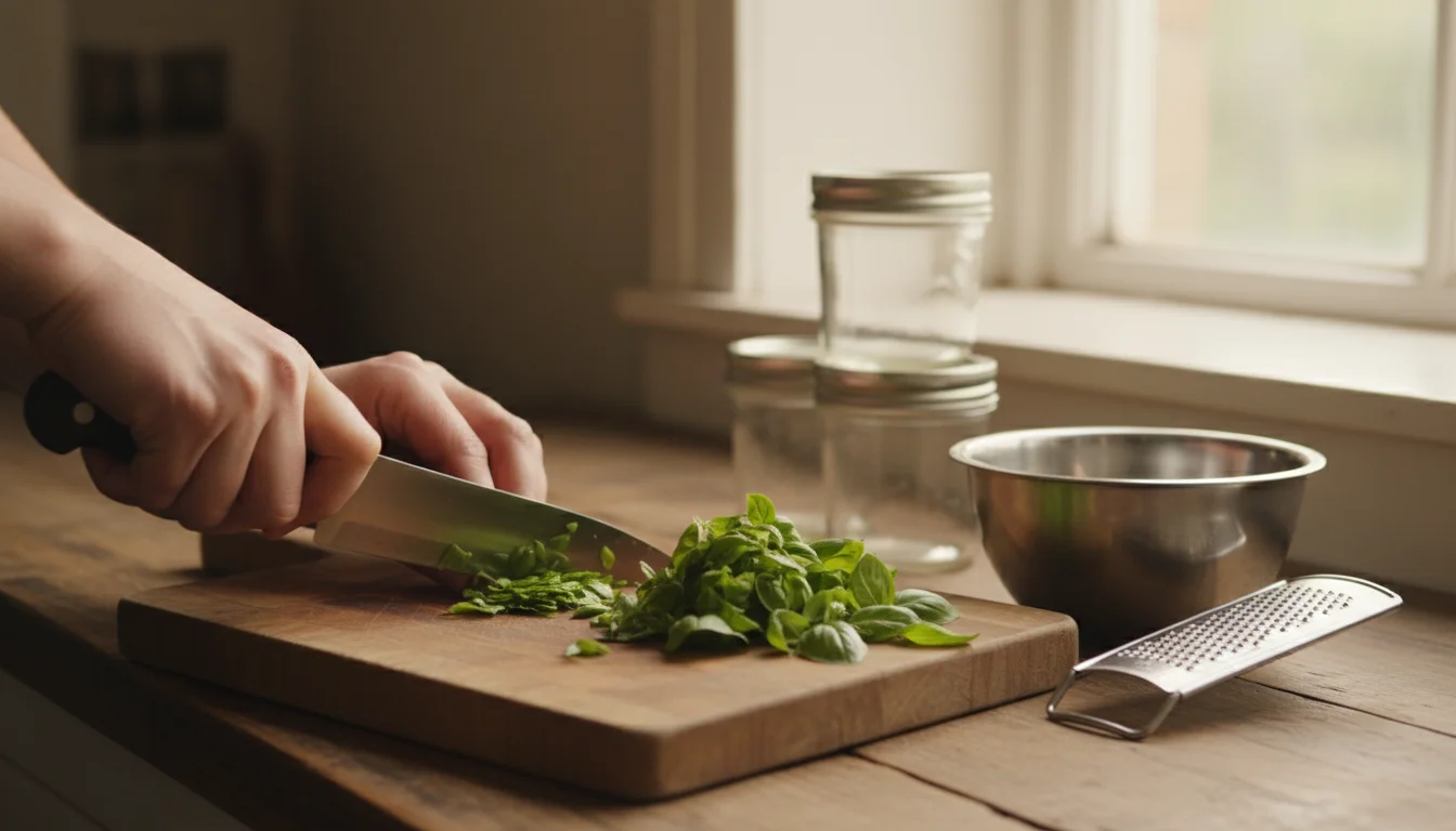 Hands chopping fresh basil on a small wooden cutting board, surrounded by a mixing bowl, zester, and clean glass jars for preserving.