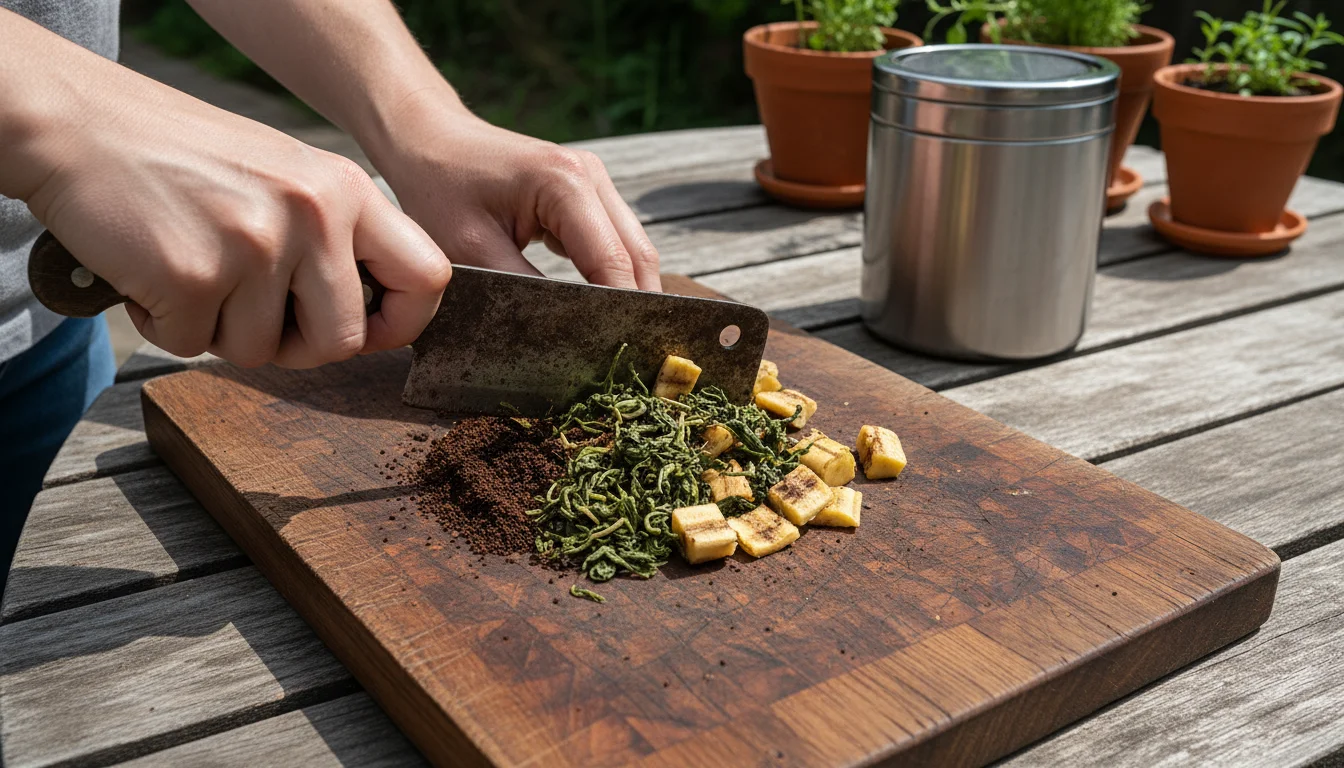 Close-up of hands chopping kitchen scraps like coffee grounds and banana peel on a wooden board, with a small, blurred compost bin in the background.
