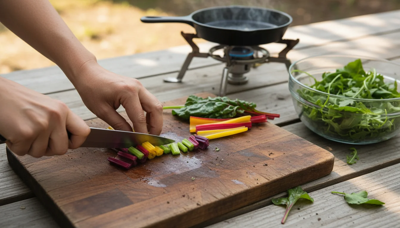 Hands chopping vibrant Swiss chard stems on a wooden board. A skillet and bowl of greens on a patio table, with container chard in background.