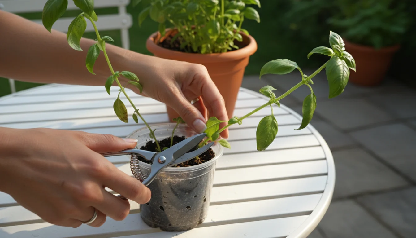 Hands with clean pruning snips trim yellowing leaves from a grocery store basil plant on a sunlit patio table.