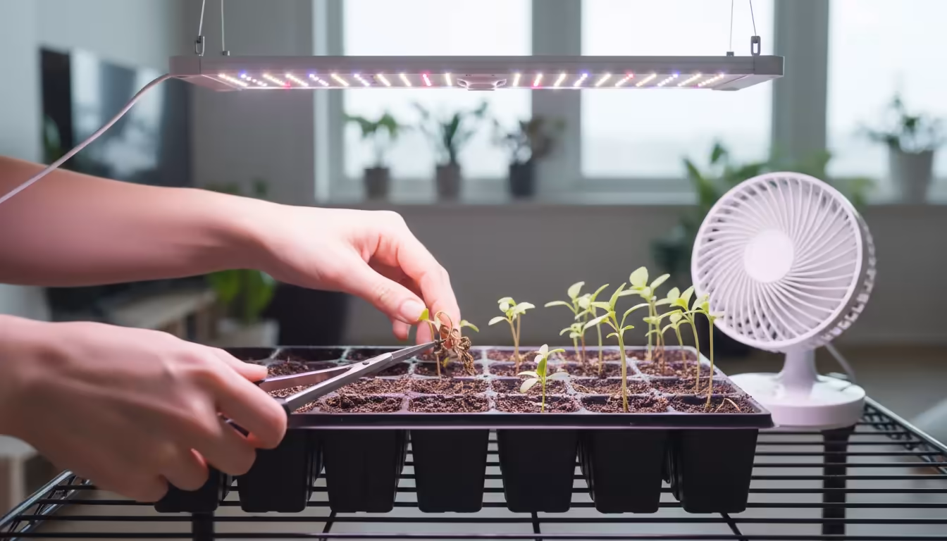 Hands with clean snips remove a collapsed seedling from a compact tray on a wire shelf under a grow light, with a fan and dry soil visible.