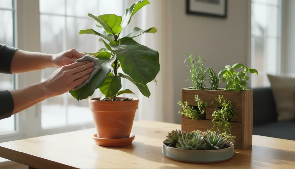 Hands cleaning a Fiddle Leaf Fig leaf on a table with other small container plants, illuminated by soft window light.