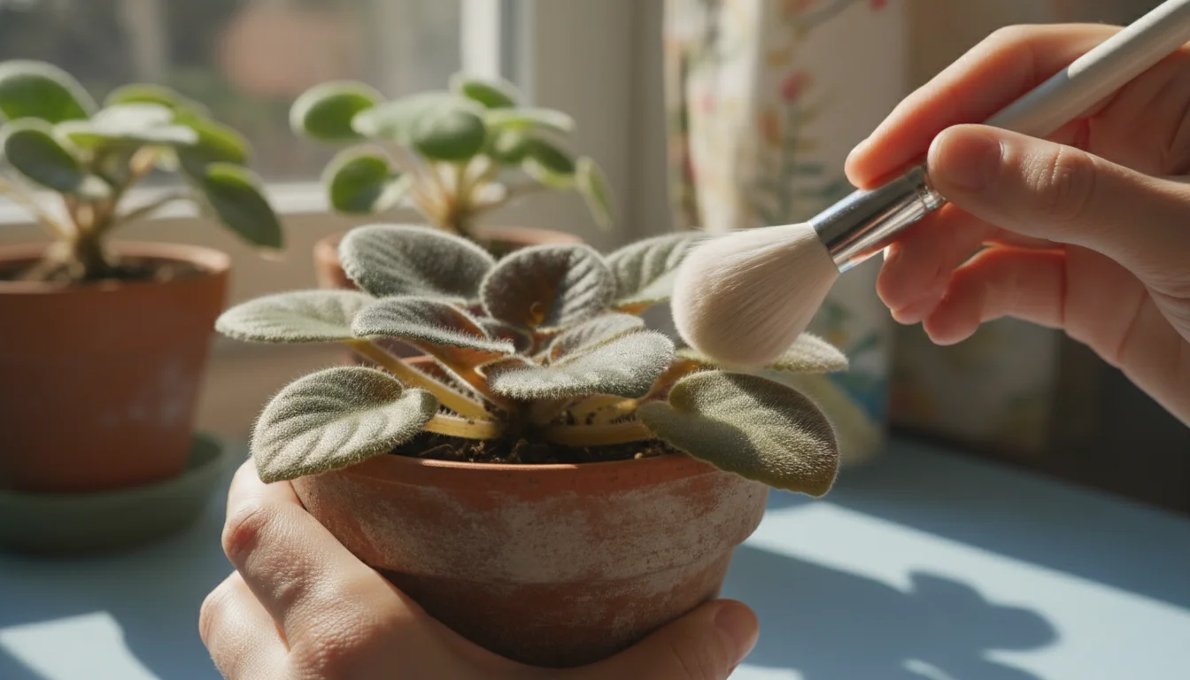 Hands gently cleaning fuzzy African violet leaves with a soft brush in a terracotta pot on a windowsill.