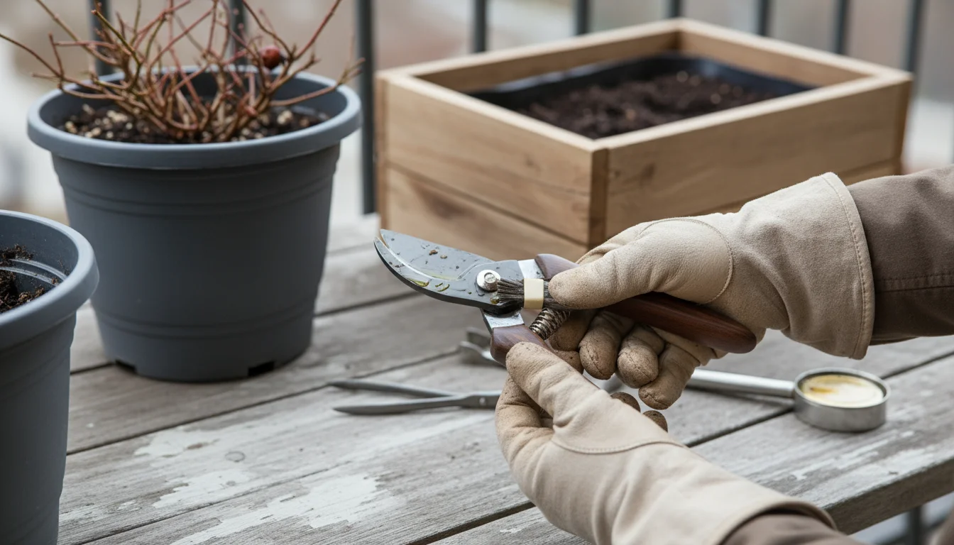 Hands cleaning garden pruners on a wooden table, with sustainable pots blurred in the background on a balcony.