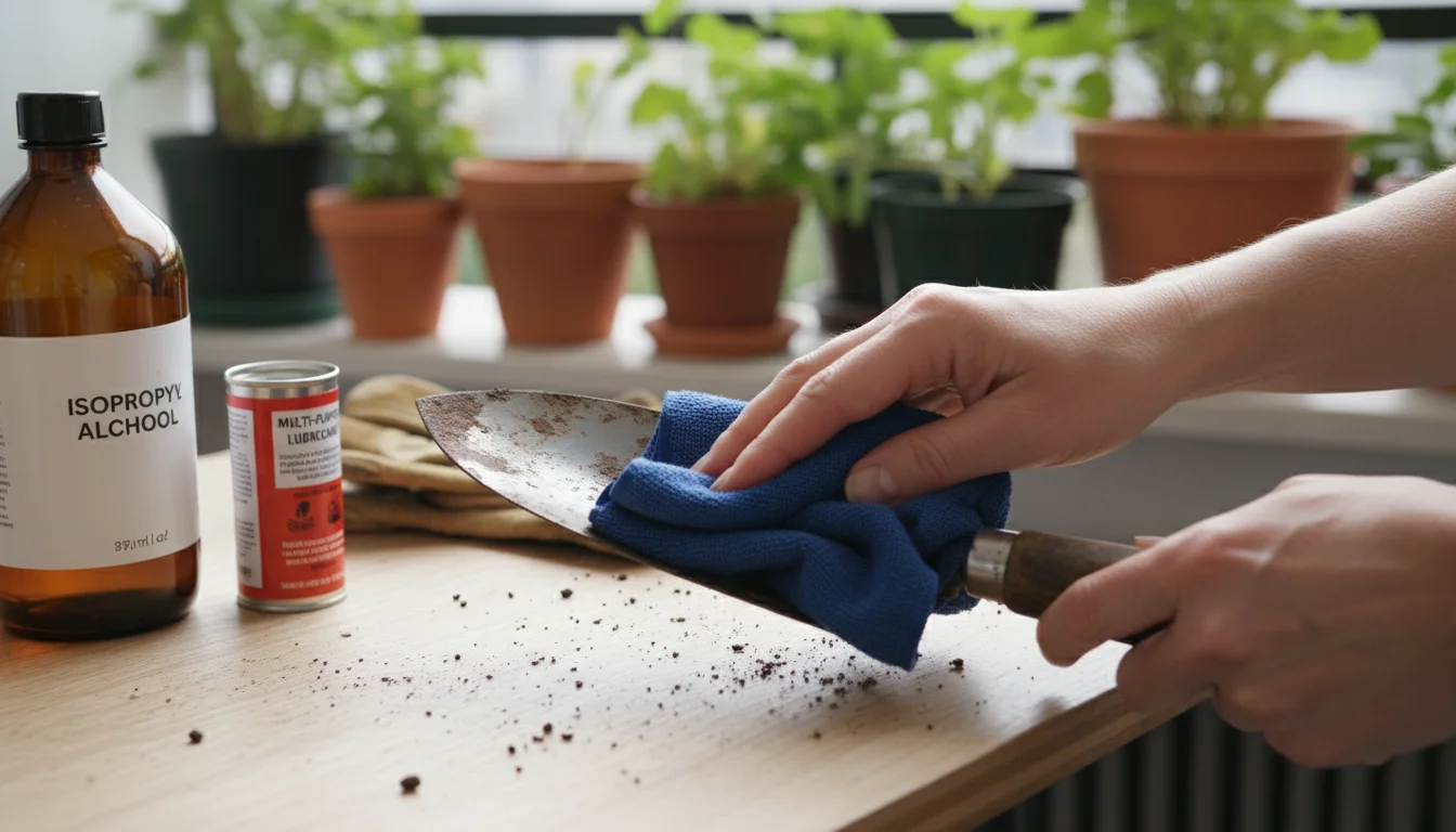 Close-up of hands carefully cleaning a gardening trowel on a wooden table, surrounded by other small tools and cleaning supplies.