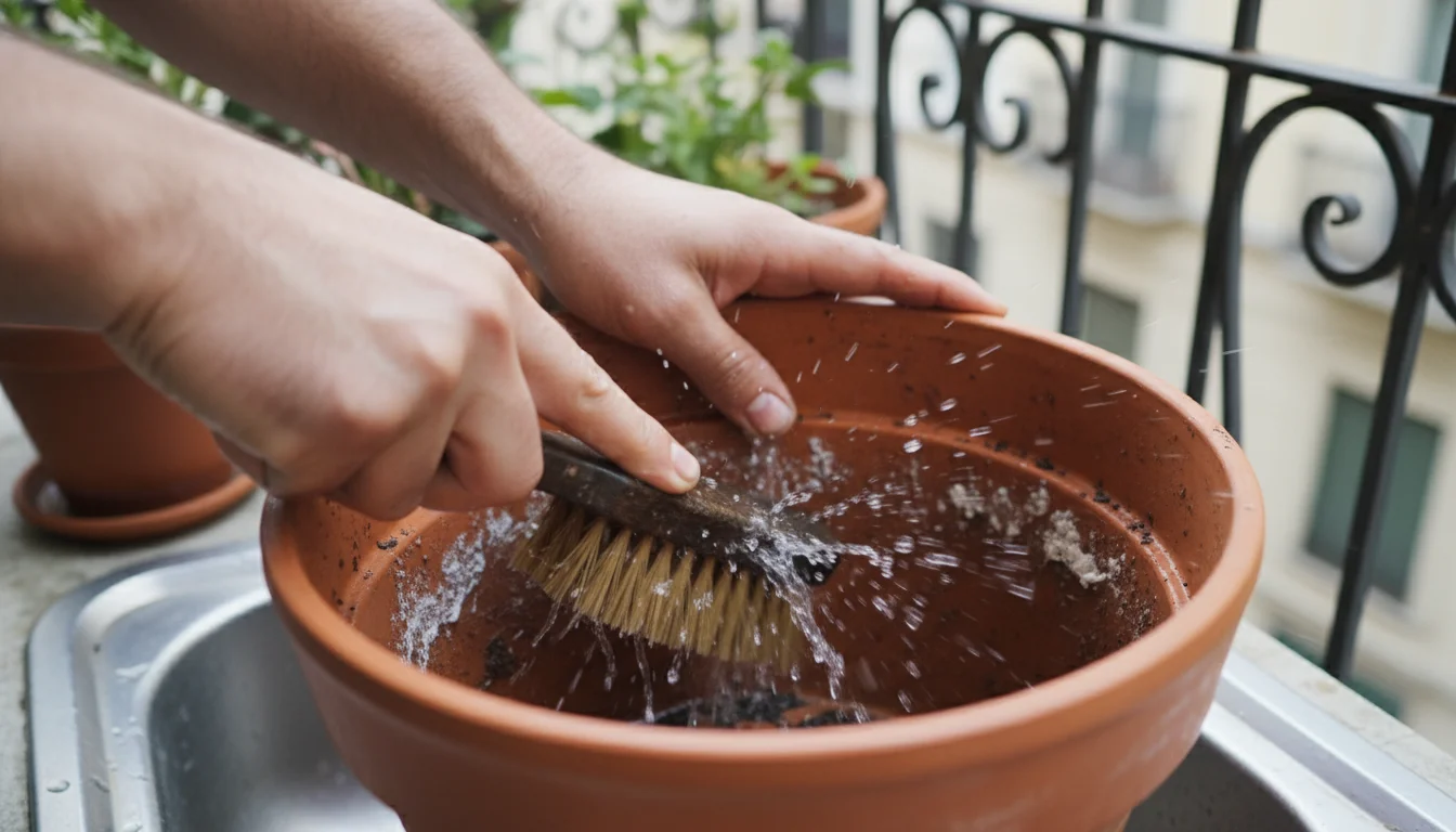 Close-up of hands cleaning the inside of a dirty terracotta pot, scrubbing mineral buildup and dried soil with a brush and splashing water on a small