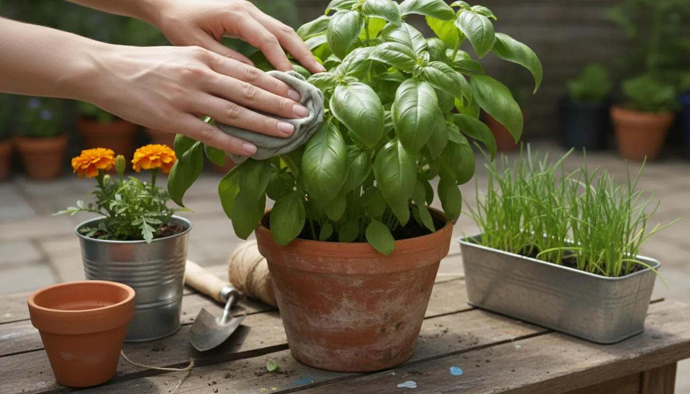 Hands gently cleaning the leaves of a potted basil plant on a patio table, with other containers in the background.
