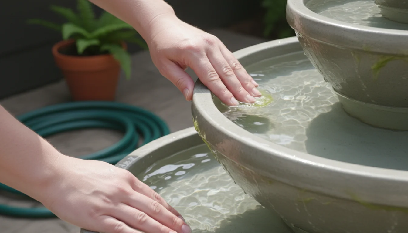 Close-up of hands gently cleaning a minimalist light grey ceramic tiered water fountain on a sunny patio, with a green power cord in the background.