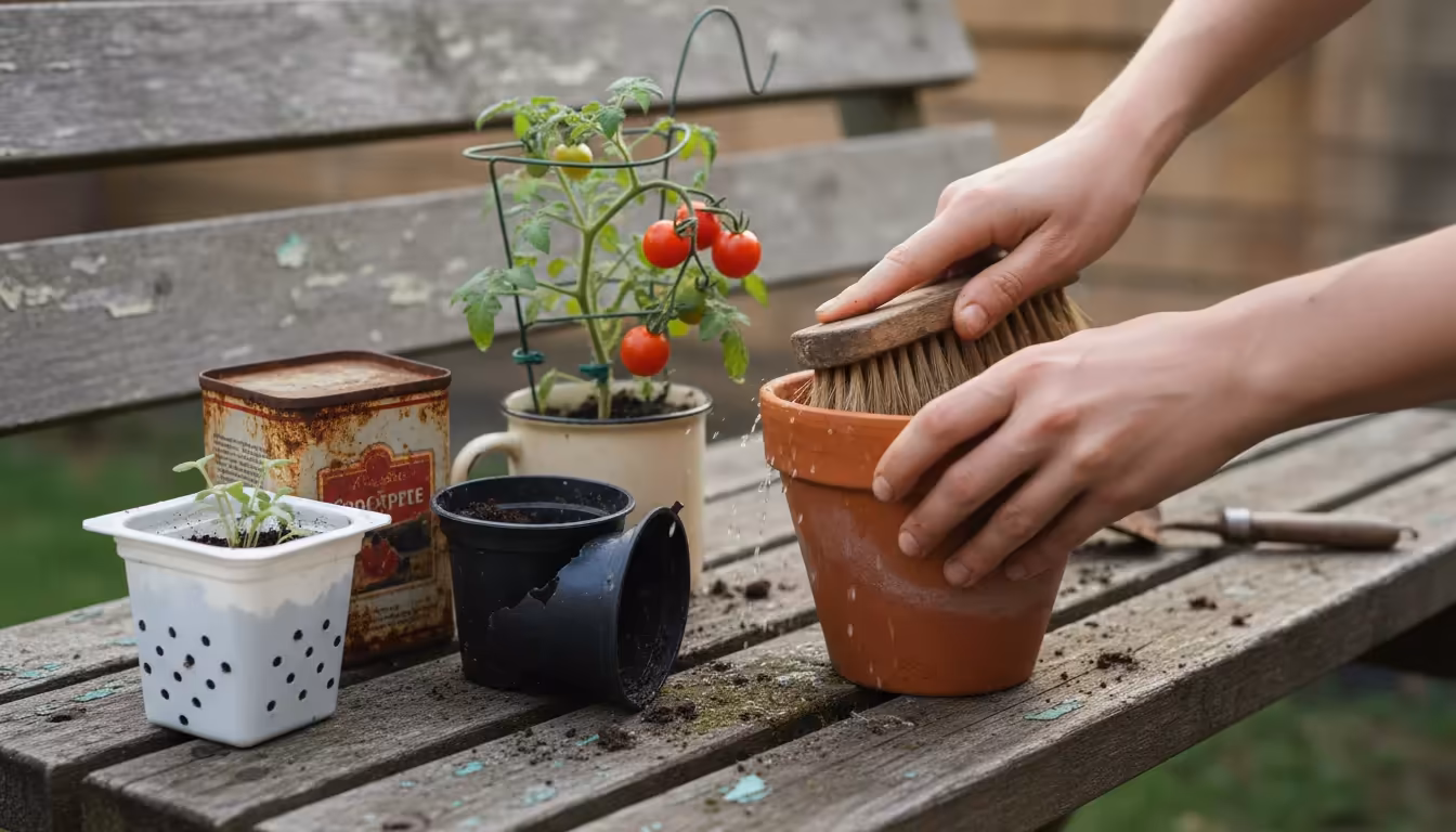 Hands cleaning an old terracotta pot, surrounded by various repurposed containers, a micro-tomato plant with a DIY wire support, and a small kitchen c