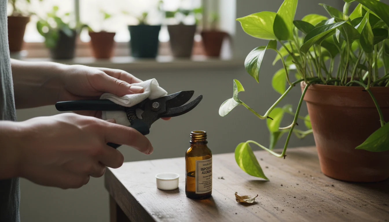 Hands cleaning pruning snips on a counter beside a potted Pothos, a discarded yellow leaf, and a small trowel.