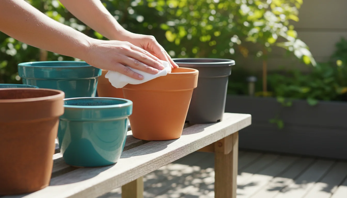 Hands cleaning a reusable terracotta pot on a sunny patio bench, surrounded by other clean, durable ceramic, metal, and plastic planters.