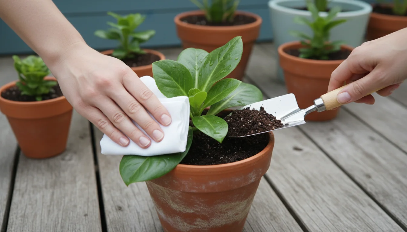 Hands cleaning a shiny plant leaf and adding fresh, dark soil to a terracotta pot on a patio with other container plants.