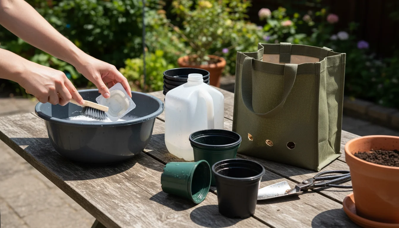 Hands cleaning various plastic containers on a patio table for reuse as planters, including a yogurt pot, milk jug, and nursery pots, with a fabric ba