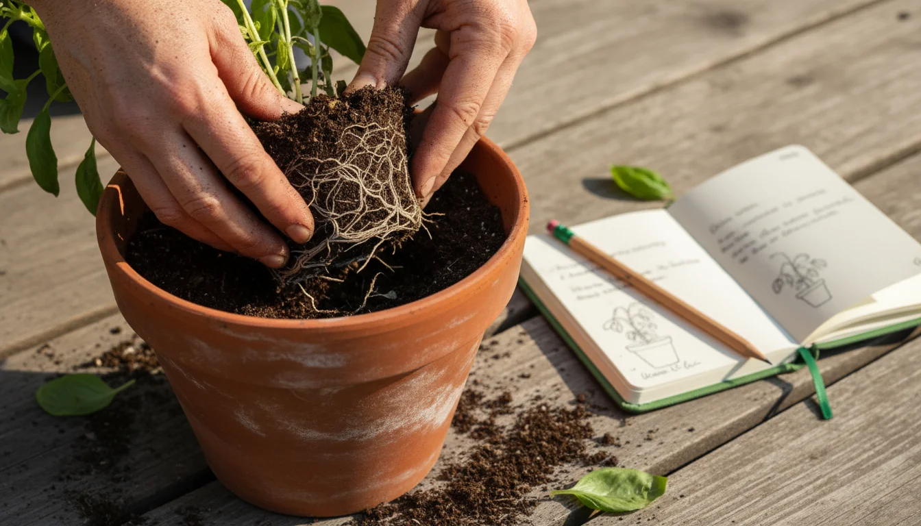 Hands clearing a spent basil plant from a terracotta pot on a patio, with a small garden journal and pencil nearby, signifying end-of-season container