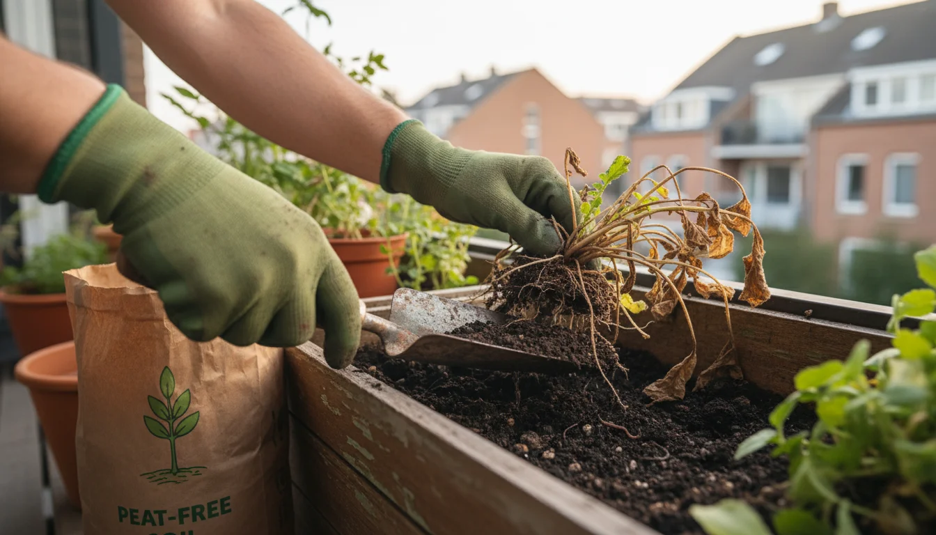 Hands clearing spent radish plants and old soil from a wooden window box on a balcony, with a trowel and fresh potting mix nearby.