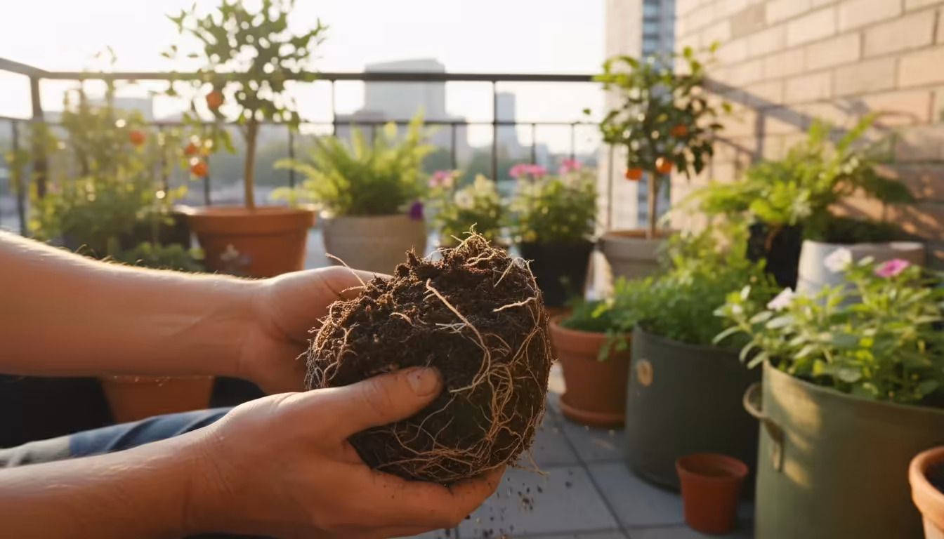 Close-up of hands examining compacted, root-bound old potting soil on a balcony.