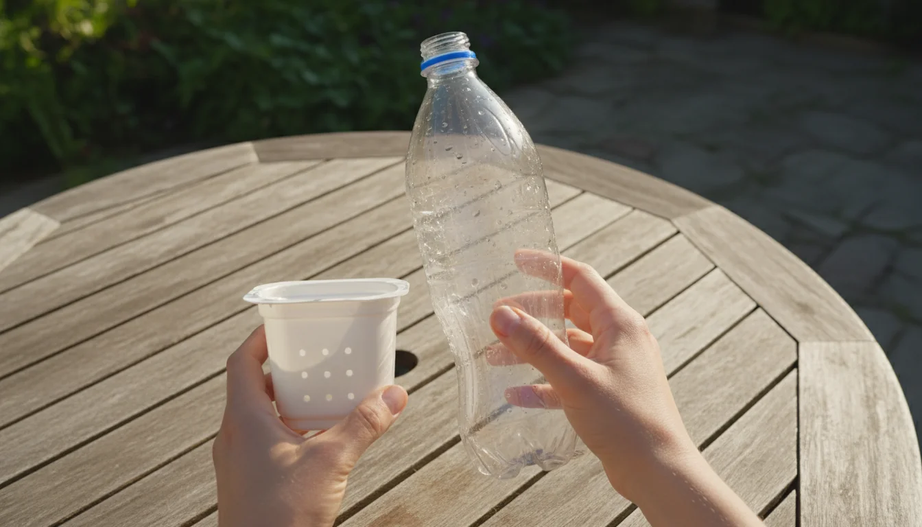 Hands compare a 2-liter soda bottle and a yogurt tub on a patio table, amidst other upcycled plastic containers, for a DIY self-watering planter.
