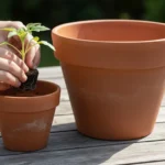 Hands compare a small vegetable seedling to two different-sized terracotta pots on a patio table, illustrating pot size choice.