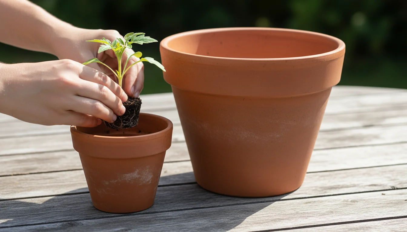 Hands compare a small vegetable seedling to two different-sized terracotta pots on a patio table, illustrating pot size choice.
