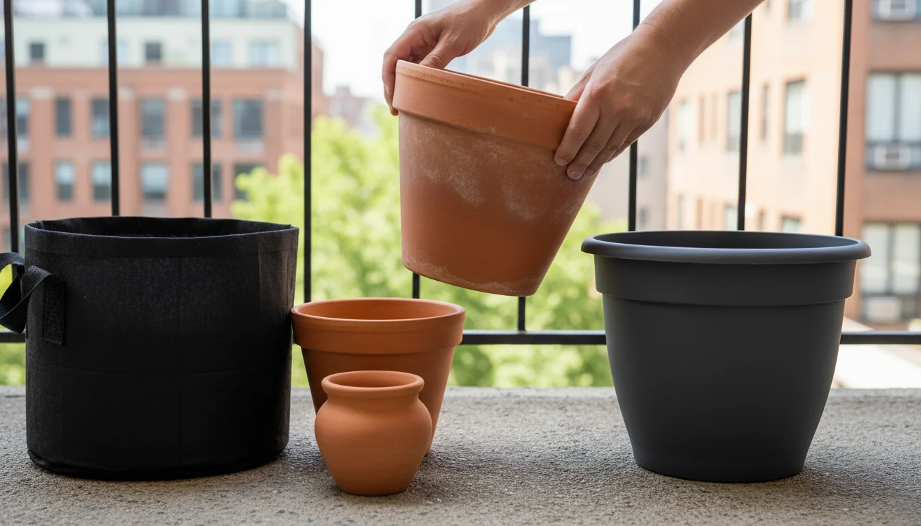 Hands compare a terracotta pot and a plastic planter on a balcony, with other empty containers visible.