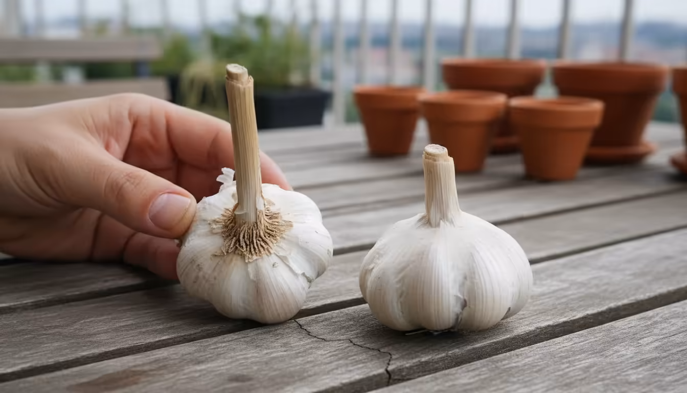 Hands comparing hardneck and softneck garlic bulbs on a wooden balcony table with empty pots, preparing for fall planting.