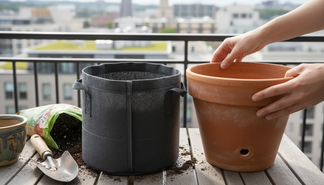 Hands comparing a large fabric grow bag and a terracotta pot on a balcony potting station, with a smaller pot nearby.