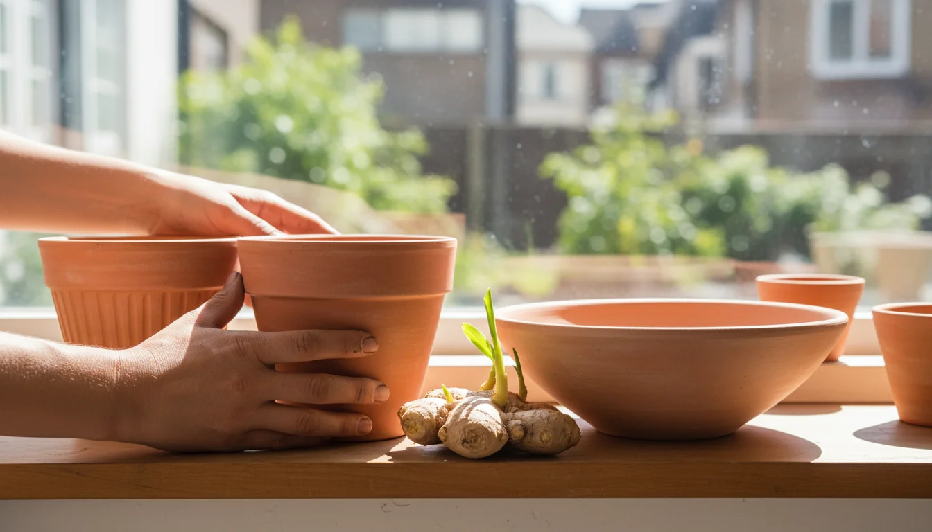 Hands comparing a wide, shallow terracotta pot and a narrower, deeper one on a windowsill, with a sprouted ginger rhizome.