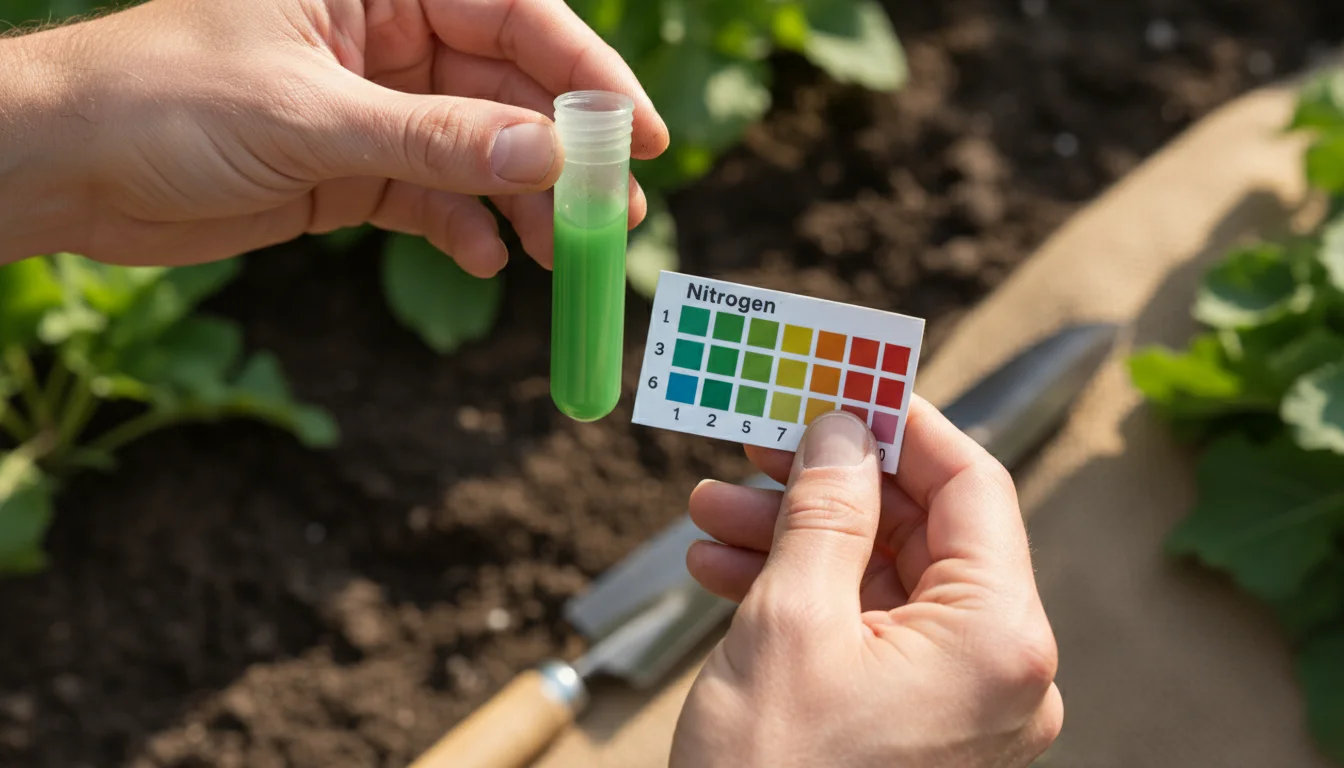 A close-up, slightly elevated view of hands comparing a soil test kit's color tube to a chart on a wooden table with blurred container plants.