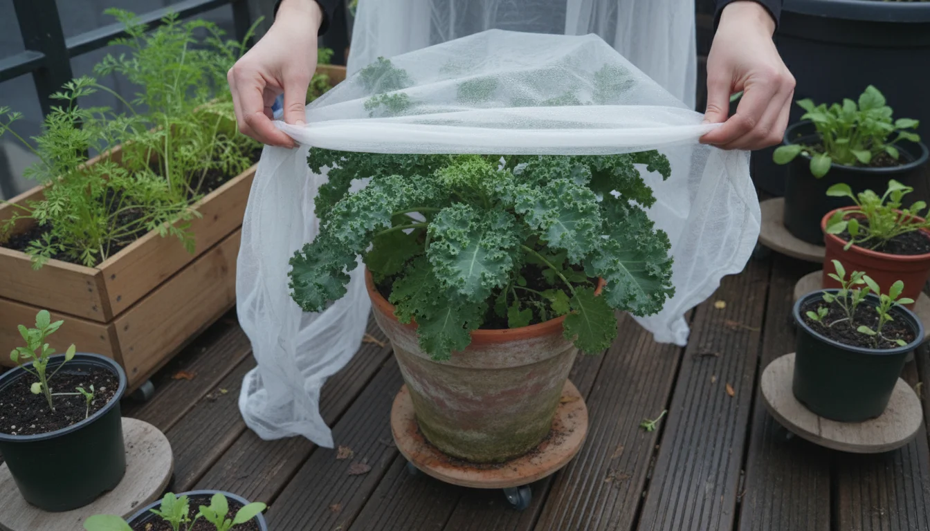 Hands carefully cover a potted kale plant with a light frost fleece on a small patio, with other container vegetables visible.