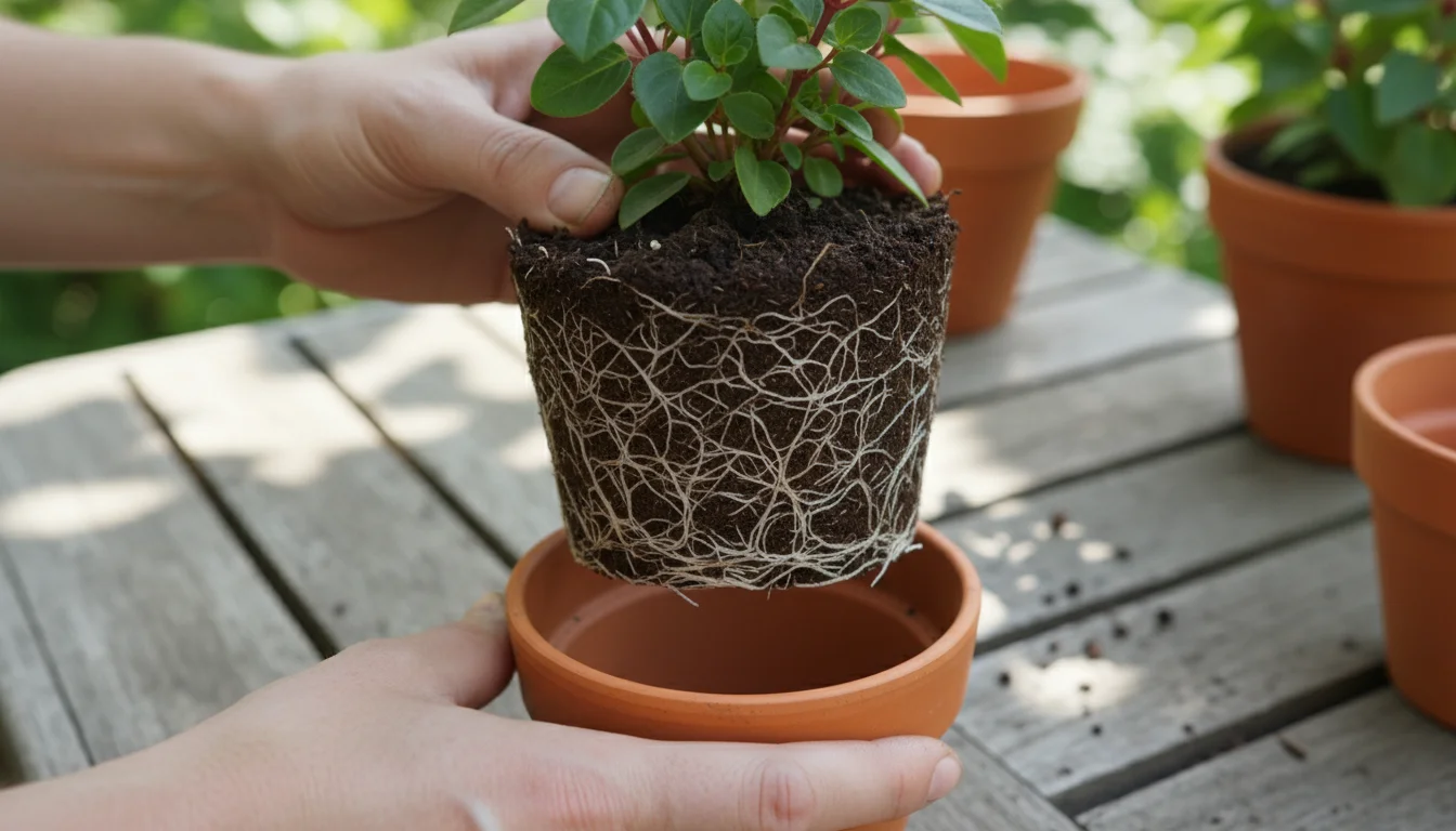 Hands cradle a dense, rootbound plant ball with stark white mineral deposits, just lifted from an empty plastic pot.