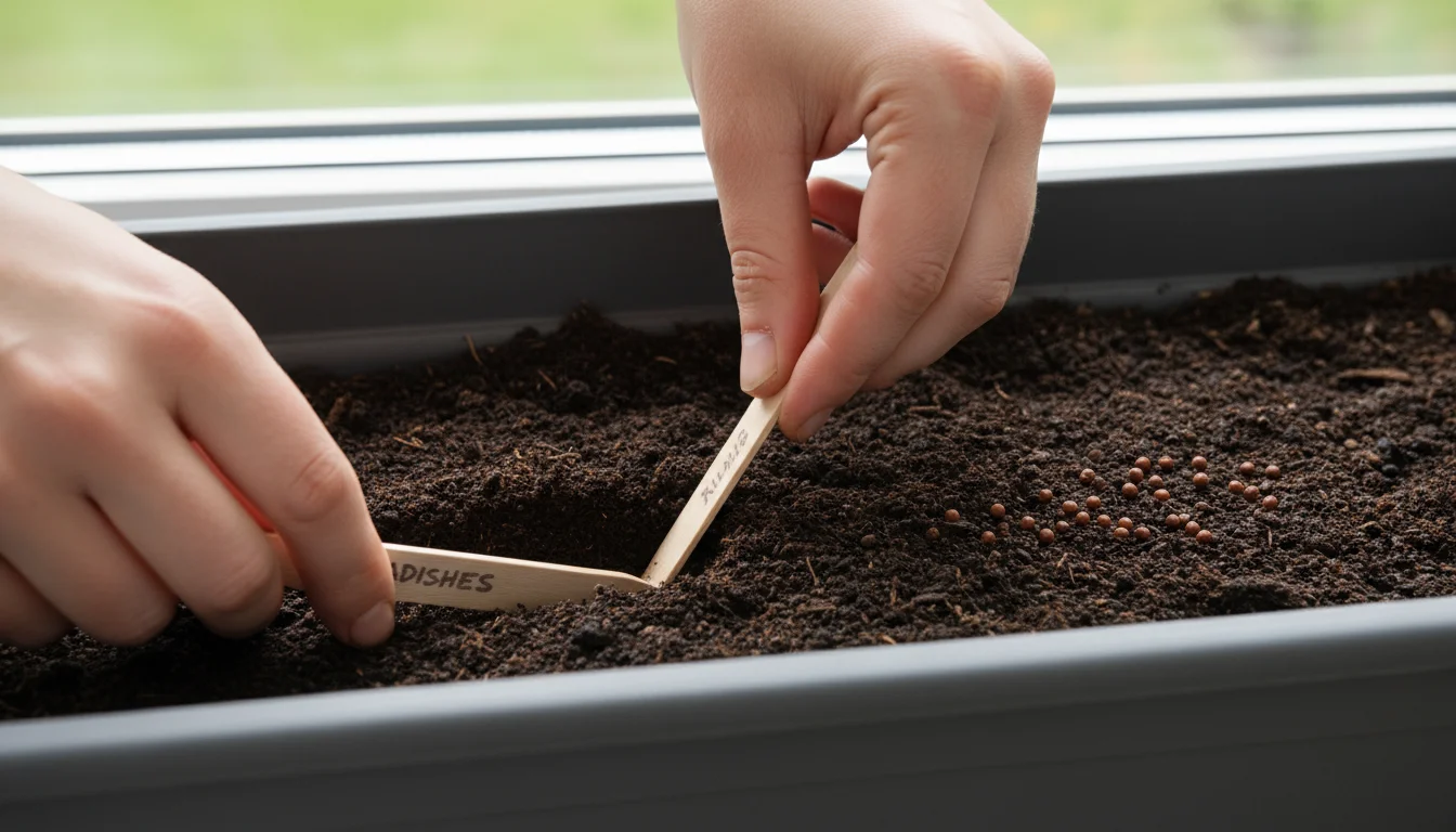 Hands creating a shallow furrow in dark potting mix in a gray window box using a wooden stick, with tiny radish seeds nearby.